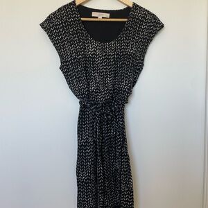 LOFT Petite Black Patterned Tie Waist Dress XSP